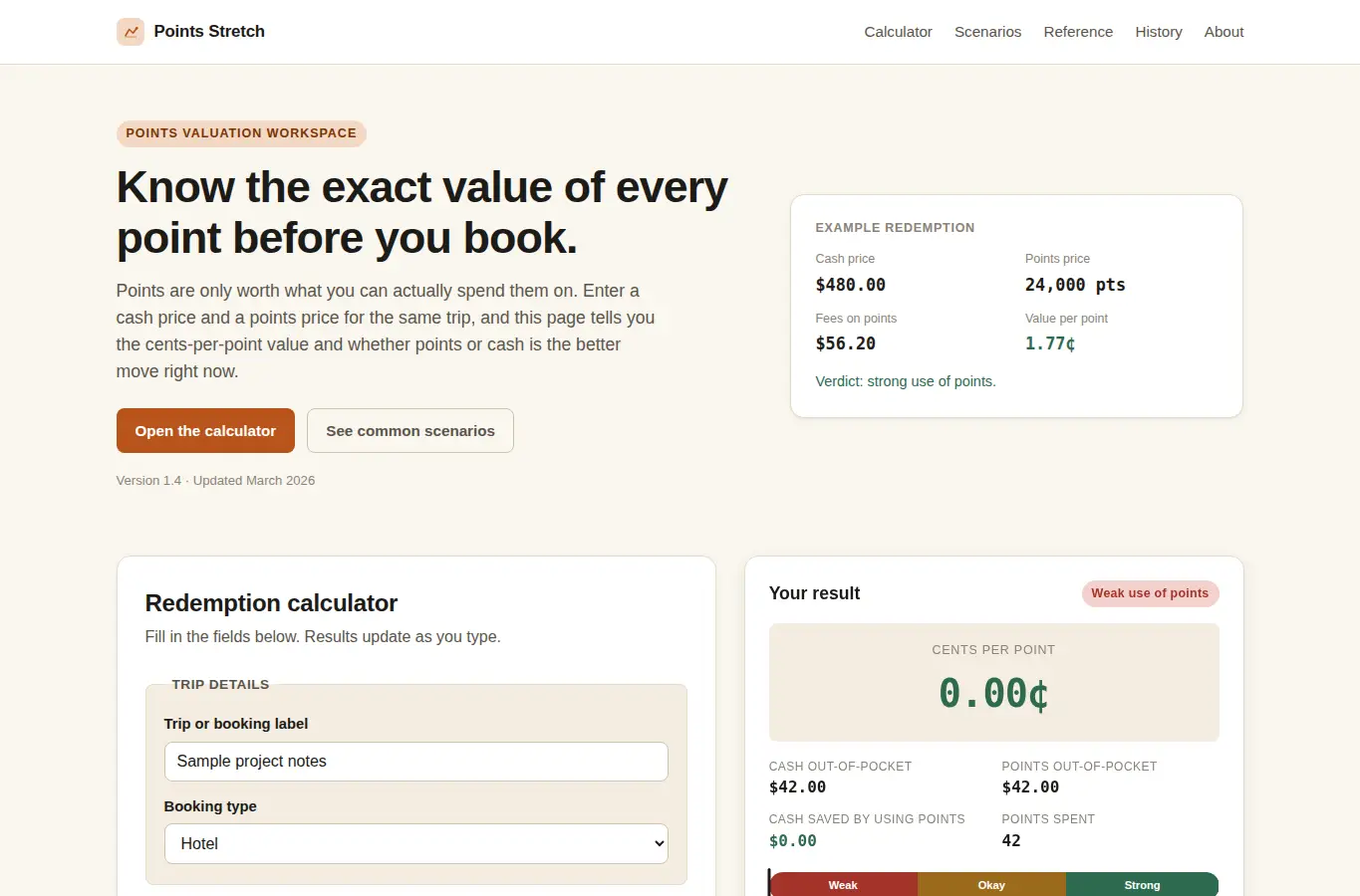 Screenshot of Travel Points Stretch Calculator interface showing the project page in use
